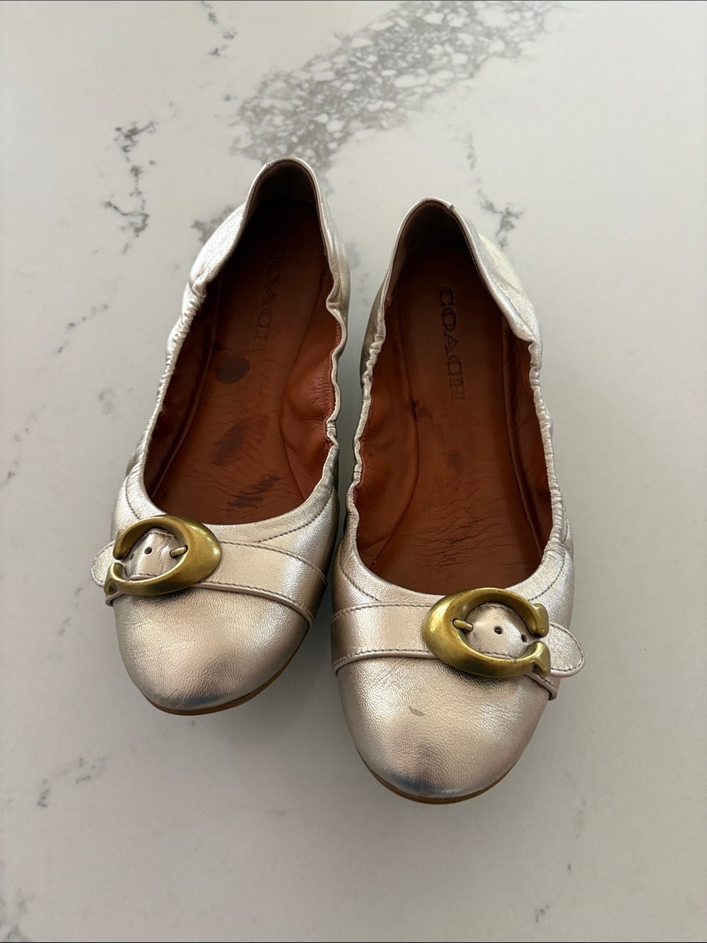 Coach Champagne Leather Ballet Flats with Gold Buckle